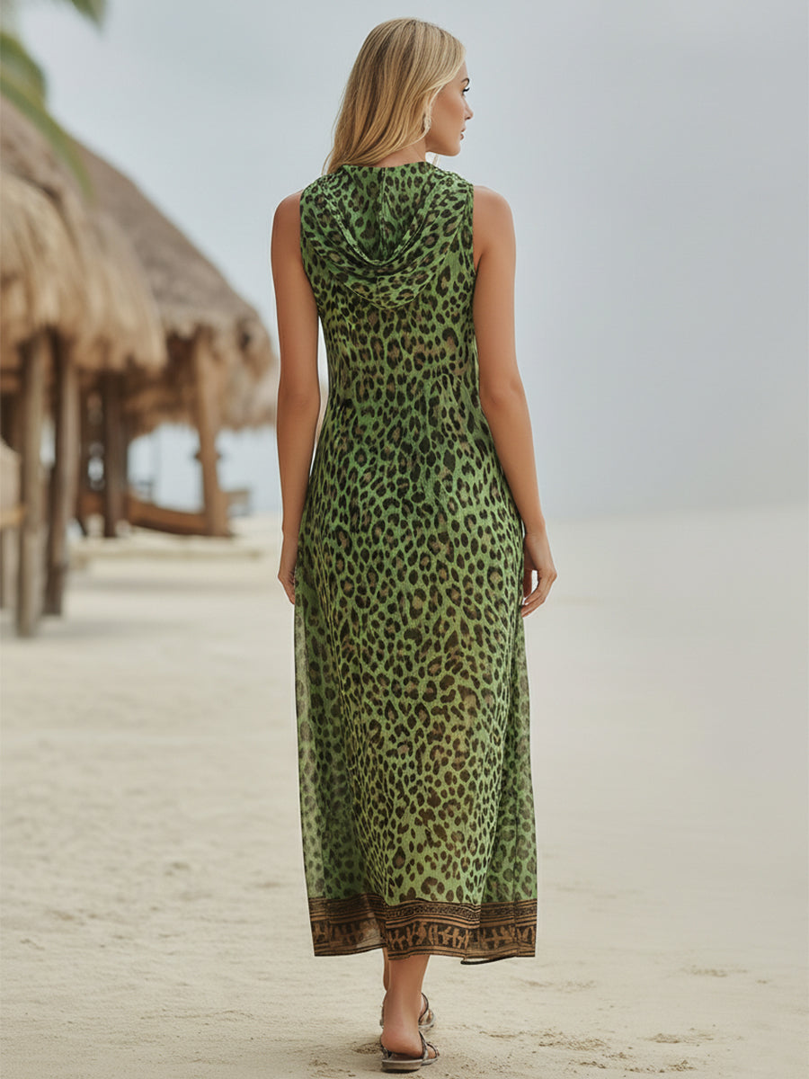 Vestido Midi Casual Retro de Leopardo Verde con Capucha para Mujeres