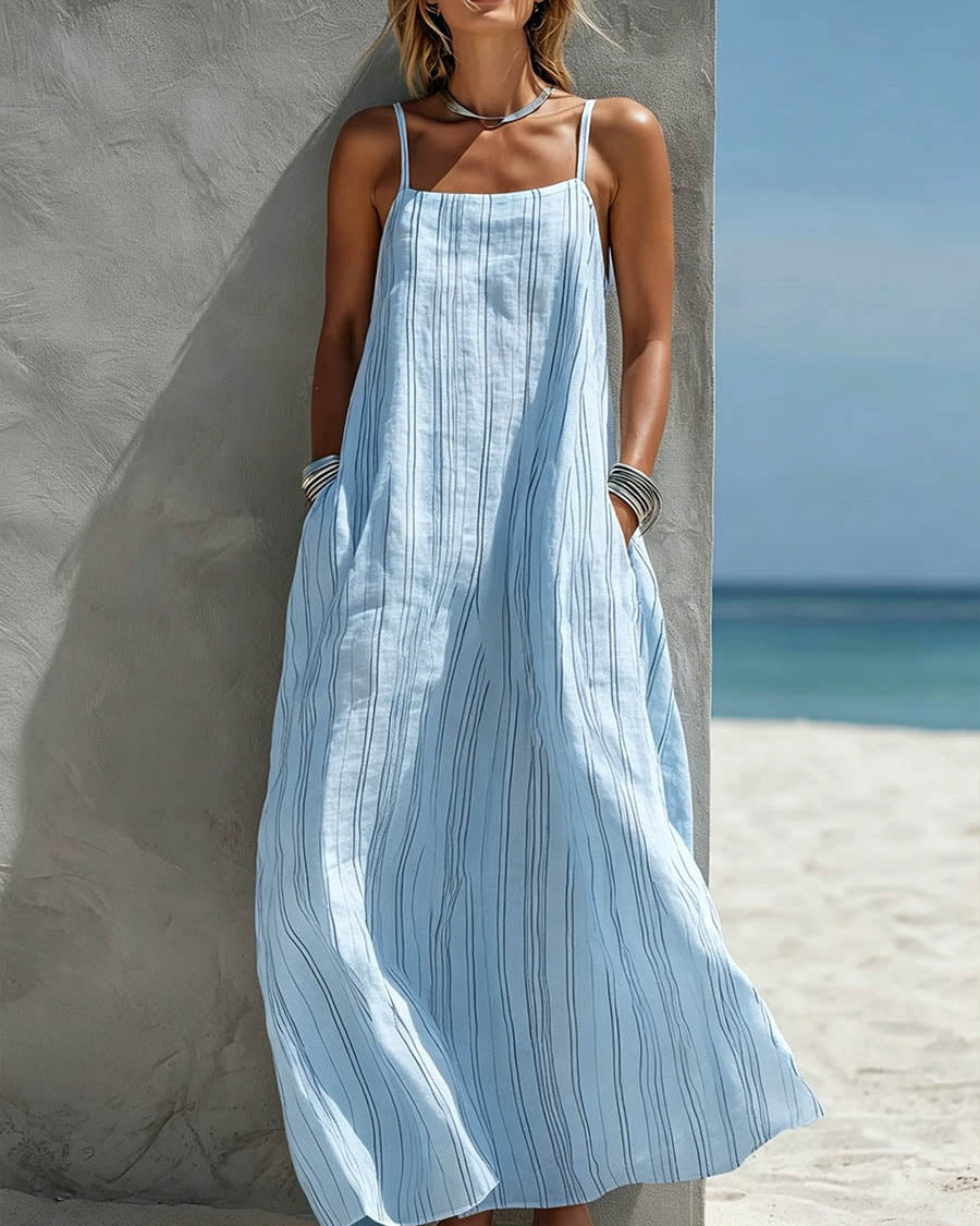 Vestido de Verano Casual de Algodón-Lino con Estampado a Rayas para Mujeres