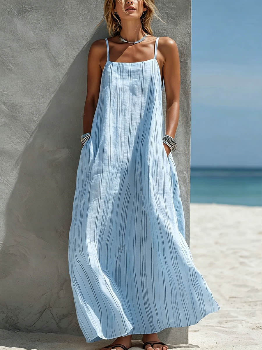 Vestido de Verano Casual de Algodón-Lino con Estampado a Rayas para Mujeres