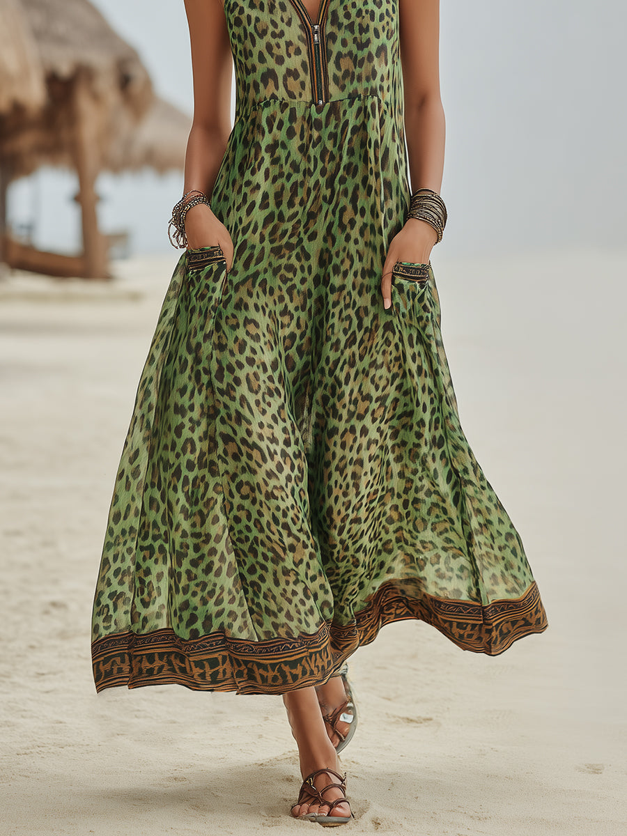 Vestido Midi Casual Retro de Leopardo Verde con Capucha para Mujeres