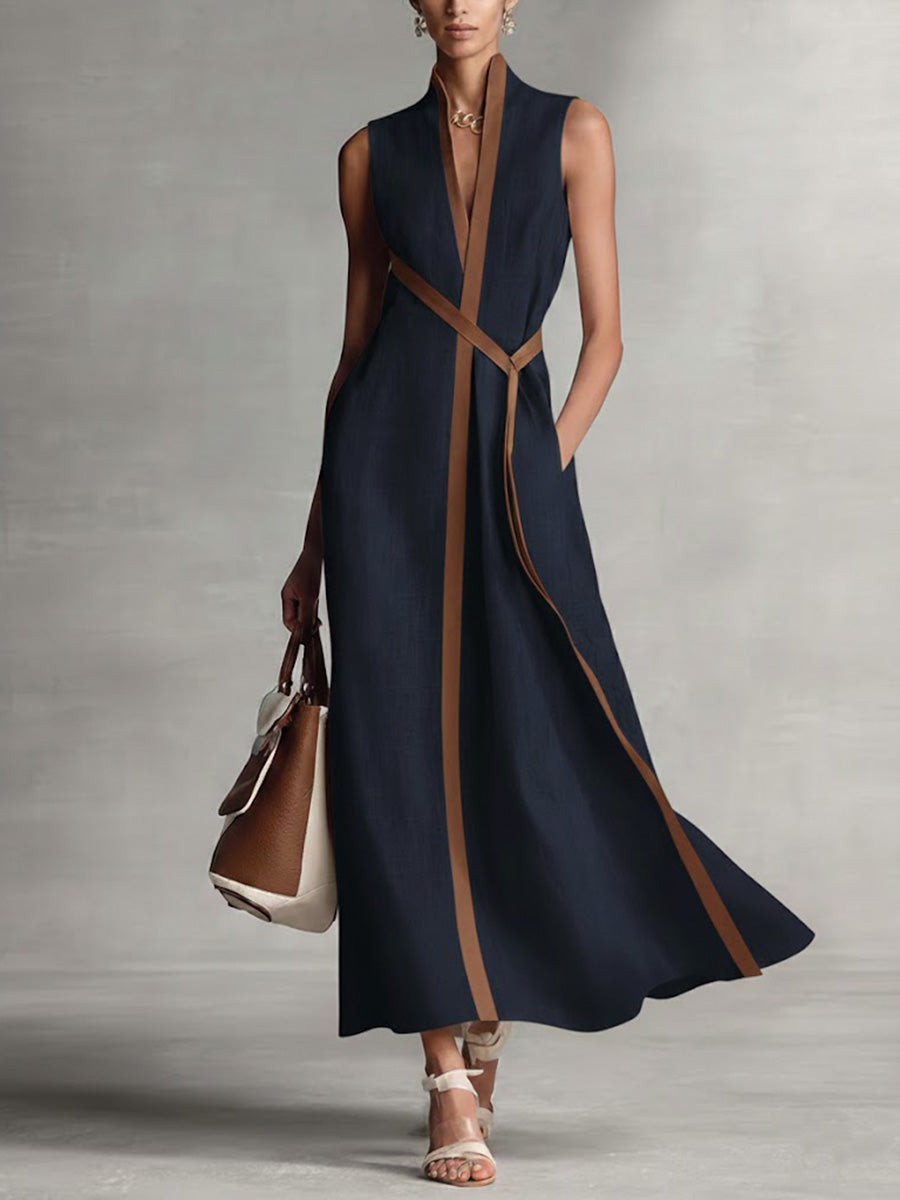 Vestido Midi de Lino con Cuello Alto