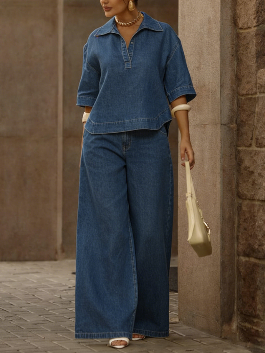 Conjunto de camiseta de mezclilla y pantalones anchos para mujer