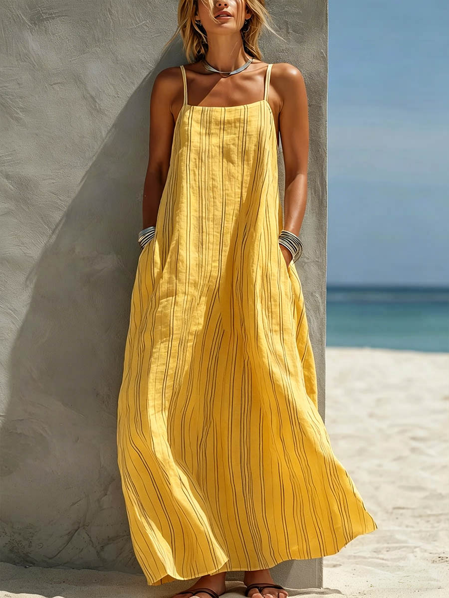 Vestido de Verano Casual de Algodón-Lino con Estampado a Rayas para Mujeres
