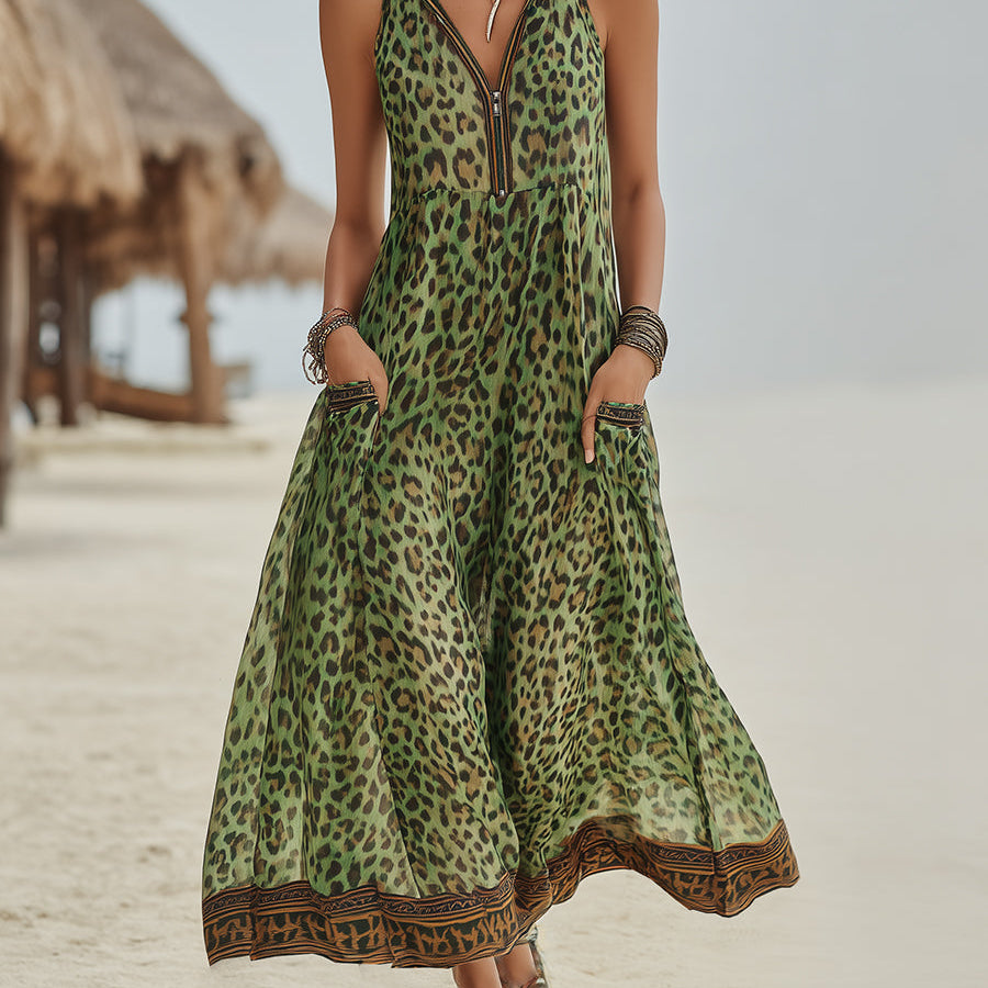 Vestido Midi Casual Retro de Leopardo Verde con Capucha para Mujeres
