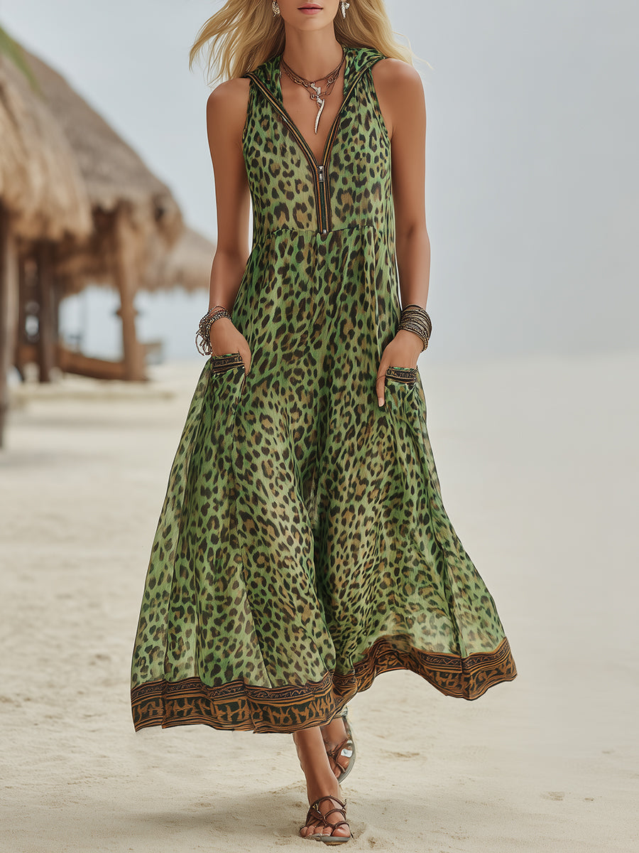 Vestido Midi Casual Retro de Leopardo Verde con Capucha para Mujeres