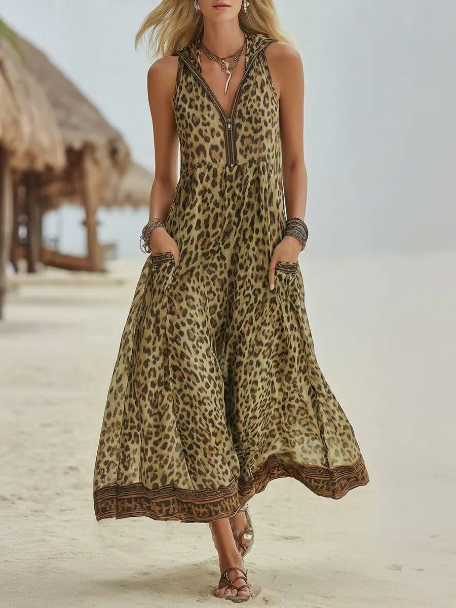 Vestido Midi Casual Retro de Leopardo Verde con Capucha para Mujeres