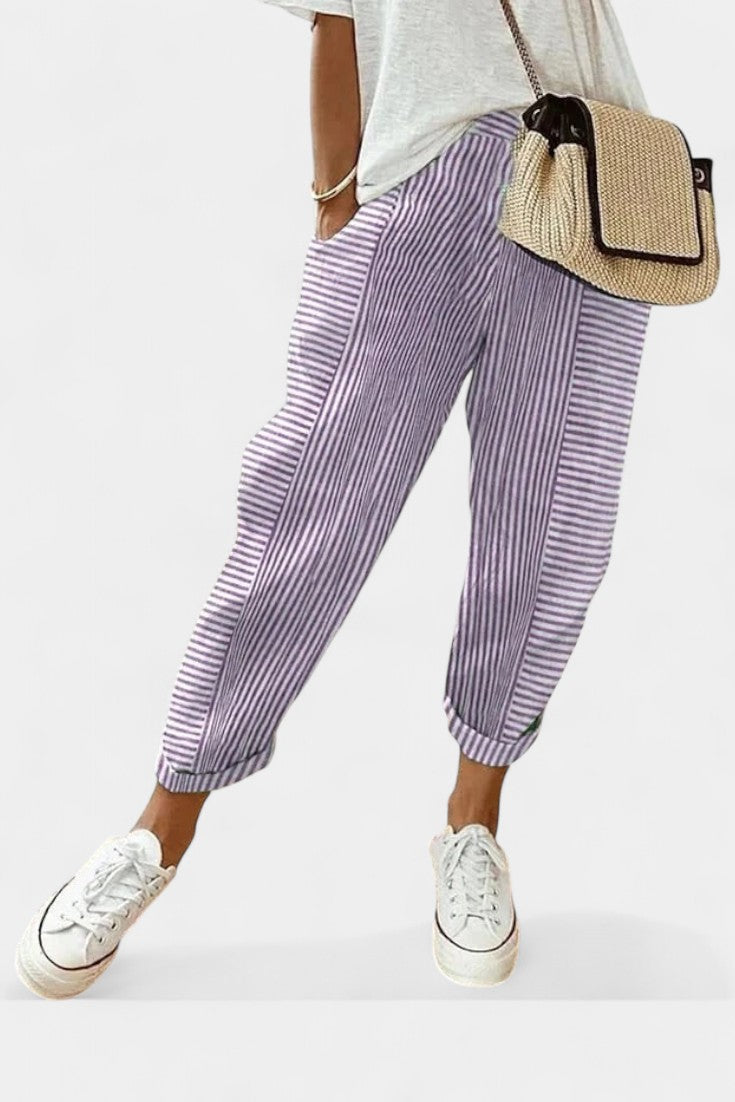 Alba Pantalones de Mezcla de Lino a Rayas
