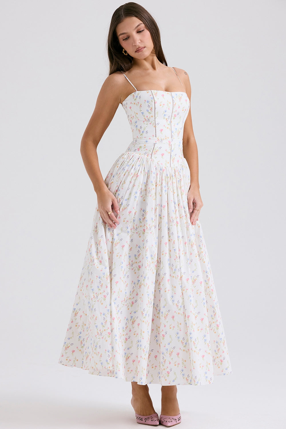 Daisy | Vestido Midi de Flores con Cintura Recolectada