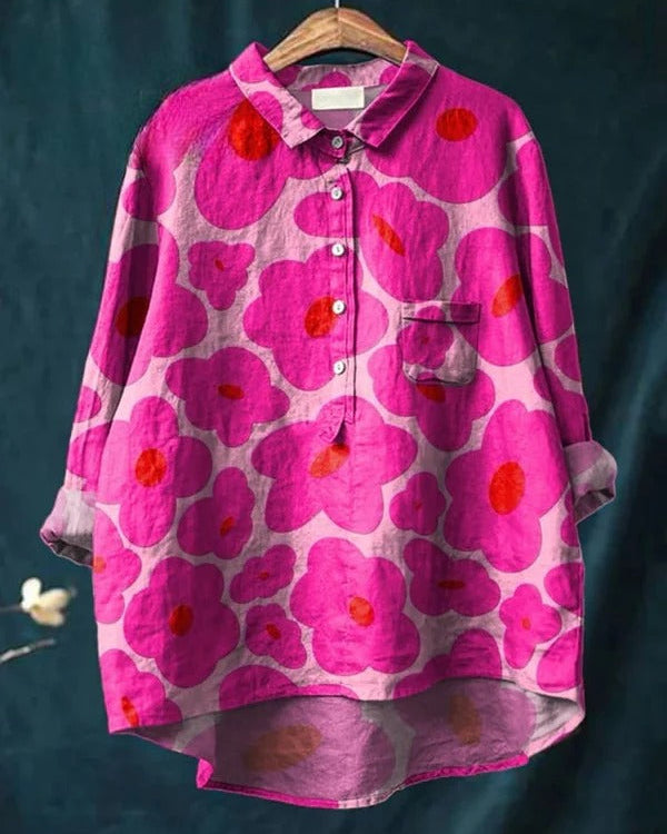 Odessa | Camisa Casual de Algodón para Mujer con Patrón Floral Rosa Vibrante