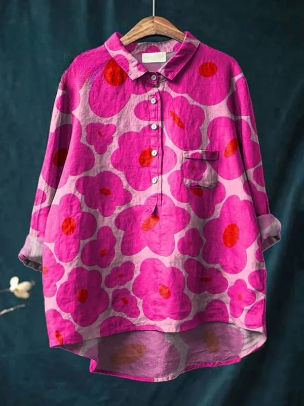 Odessa | Camisa Casual de Algodón para Mujer con Patrón Floral Rosa Vibrante