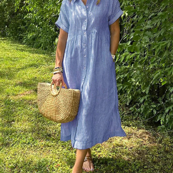 Vestido de camisa a rayas con cuello de camisa y botones