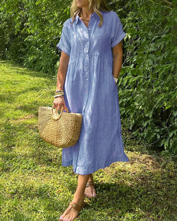 Vestido de camisa a rayas con cuello de camisa y botones