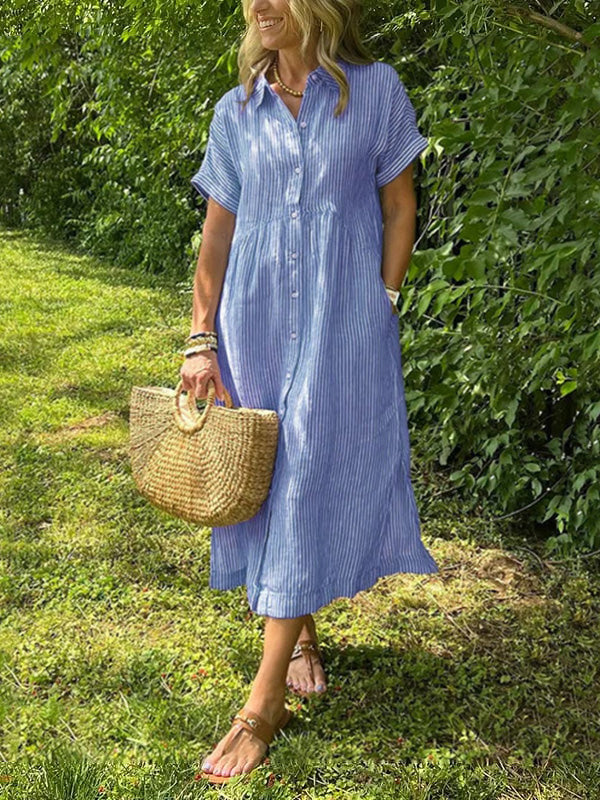 Vestido de camisa a rayas con cuello de camisa y botones