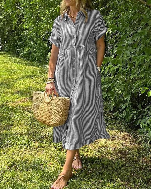 Vestido de camisa a rayas con cuello de camisa y botones