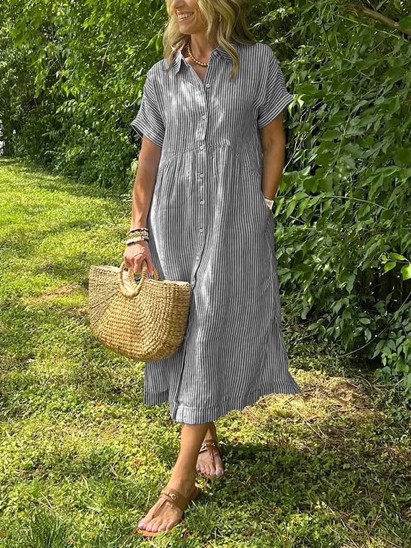 Vestido de camisa a rayas con cuello de camisa y botones