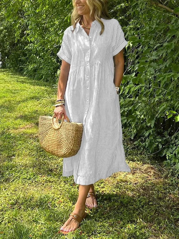 Vestido de camisa a rayas con cuello de camisa y botones