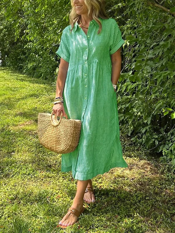 Vestido de camisa a rayas con cuello de camisa y botones