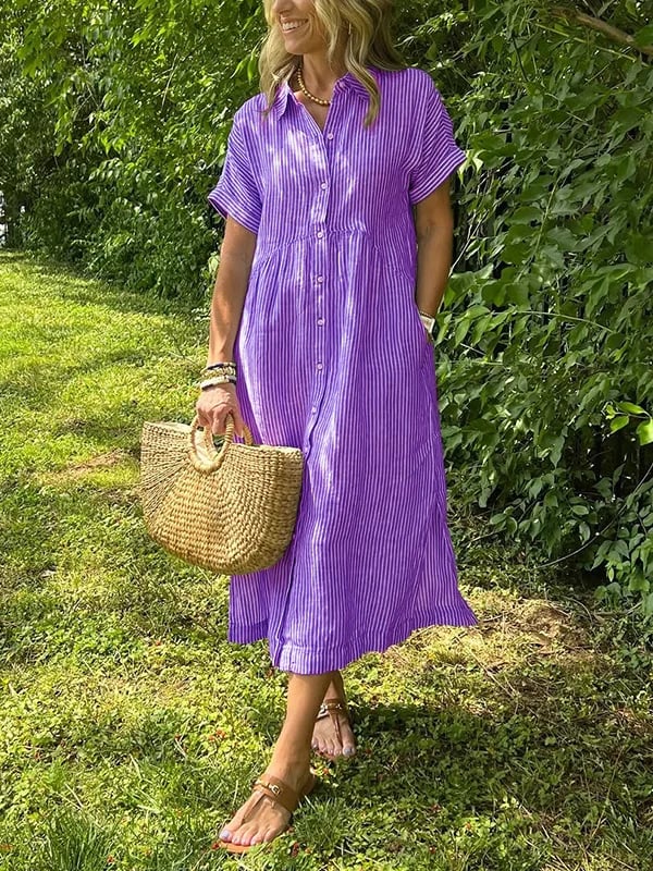 Vestido de camisa a rayas con cuello de camisa y botones