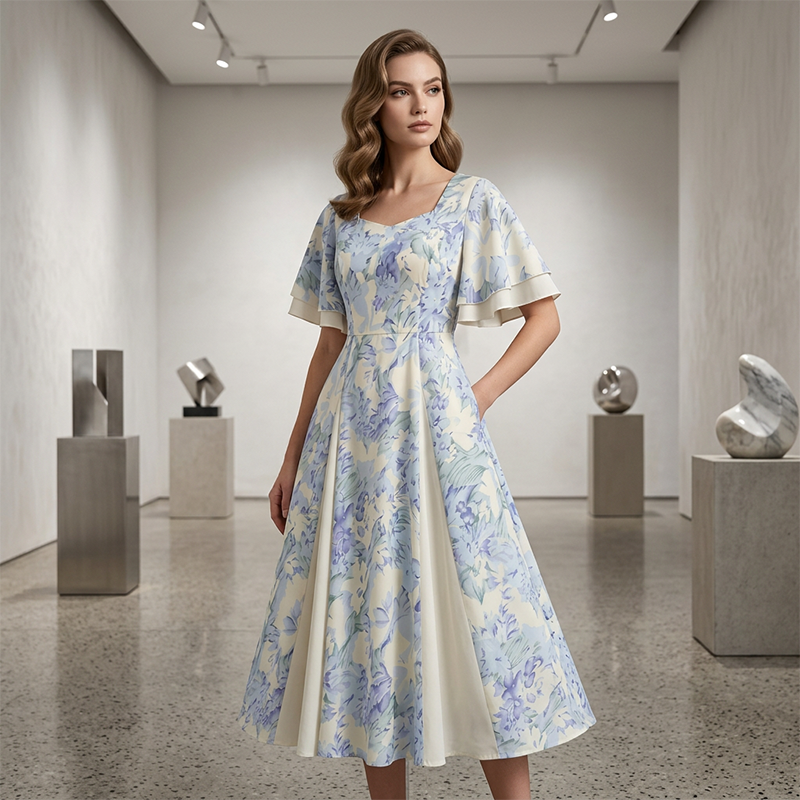 Vestido Etéreo con Mangas de Volante y Corte Acampanado