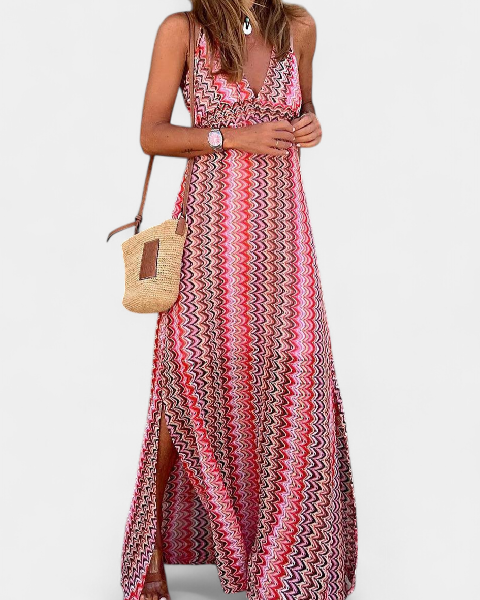 Jeni Vestido Largo Boho con Escote Halter y Estampado Tribal