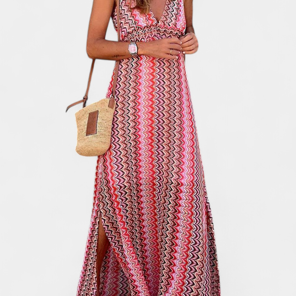 Jeni Vestido Largo Boho con Escote Halter y Estampado Tribal