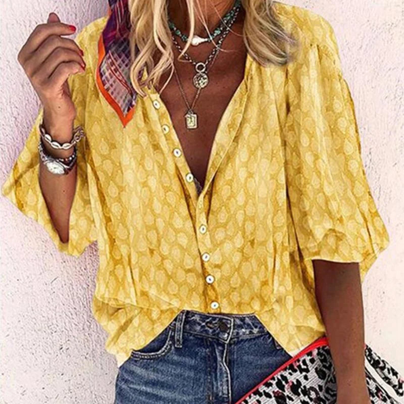 Alviera | Blusa estampada para mujer con botones y manga corta amplia